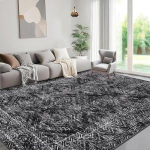 Garvee 8×10 Large Living Room Rug with Rubber Backing, Vintage Geometric Area Rugs Stain Resistant Neutral Distressed Accent Rug Non Shedding Low Pile Carpet for Bedroom, Dining Room, Office, Black(Distressed|black)