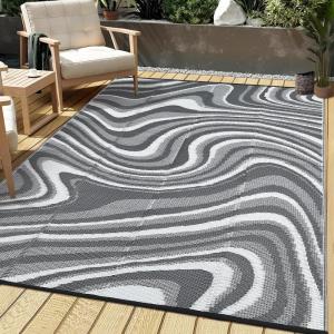 Garvee 8×10 Outdoor Rug, Waterproof Camping Rugs for Outside Your RV, Abstract Plastic Straw Rug with Portable Bag, Reversible UV Resistant Mats for Picnic Backyard Porch Camper, Black Coffee(Modern|grey/White)