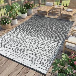 Garvee 8×10 Outdoor Rug, Waterproof Camping Rugs for Outside Your RV, Abstract Plastic Straw Rug with Portable Bag, Reversible UV Resistant Mats for Picnic Backyard Porch Camper, Black Coffee(Striped|grey)