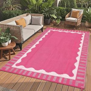 Garvee 8×10 Outdoor Rug, Waterproof Camping Rugs for Outside Your RV, Abstract Plastic Straw Rug with Portable Bag, Reversible UV Resistant Mats for Picnic Backyard Porch Camper, Black Coffee(Bordered|hot Pink)