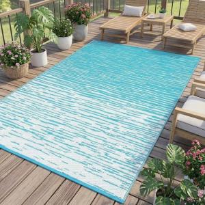 Garvee 8×10 Outdoor Rug, Waterproof Camping Rugs for Outside Your RV, Abstract Plastic Straw Rug with Portable Bag, Reversible UV Resistant Mats for Picnic Backyard Porch Camper, Black Coffee(Striped|light Blue)