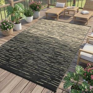 Garvee 8×10 Outdoor Rug, Waterproof Camping Rugs for Outside Your RV, Abstract Plastic Straw Rug with Portable Bag, Reversible UV Resistant Mats for Picnic Backyard Porch Camper, Black Coffee(Striped|black Coffee)