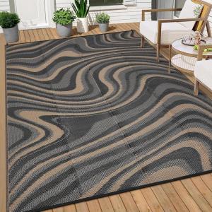 Garvee 8×10 Outdoor Rug, Waterproof Camping Rugs for Outside Your RV, Abstract Plastic Straw Rug with Portable Bag, Reversible UV Resistant Mats for Picnic Backyard Porch Camper, Black Coffee(Modern|black Coffee)