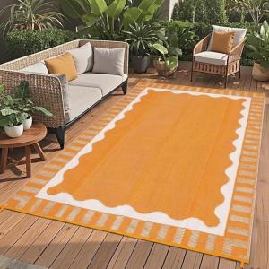 Garvee 8×10 Outdoor Rug, Waterproof Camping Rugs for Outside Your RV, Abstract Plastic Straw Rug with Portable Bag, Reversible UV Resistant Mats for Picnic Backyard Porch Camper, Black Coffee(Bordered|orange)