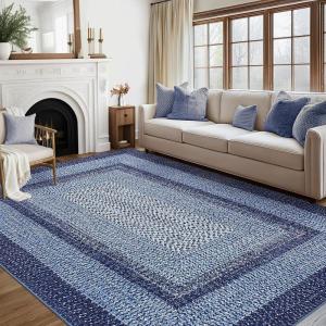 Garvee 8×10 Washable Braided Print Area Rug – Non Slip Farmhouse Boho Carpet for Living Room, Bedroom, or Dining – Modern Geometric Rustic Floor Mat with Bohemian Border (Navy)
