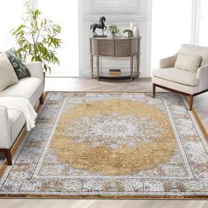 Garvee 8×10 ft Vintage Neutral Printed Pattern Area Rug, Washable Boho Area Rugs, Stain-Resistant Non-Slip Large Soft Carpet for Living Room, Dining Room & Home Decor-Non Shedding/Low Pile(Black)(Camel)
