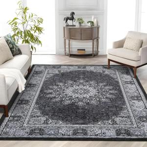 Garvee 8×10 ft Vintage Neutral Printed Pattern Area Rug, Washable Boho Area Rugs, Stain-Resistant Non-Slip Large Soft Carpet for Living Room, Dining Room & Home Decor-Non Shedding/Low Pile(Black)(Black)