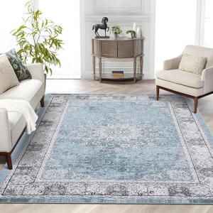Garvee 8×10 ft Vintage Neutral Printed Pattern Area Rug, Washable Boho Area Rugs, Stain-Resistant Non-Slip Large Soft Carpet for Living Room, Dining Room & Home Decor-Non Shedding/Low Pile(Black)(Blue)