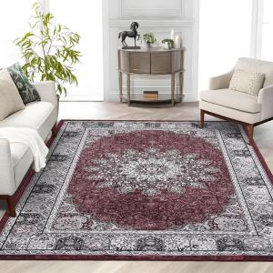 Garvee 8×10 ft Vintage Neutral Printed Pattern Area Rug, Washable Boho Area Rugs, Stain-Resistant Non-Slip Large Soft Carpet for Living Room, Dining Room & Home Decor-Non Shedding/Low Pile(Black)(Red)