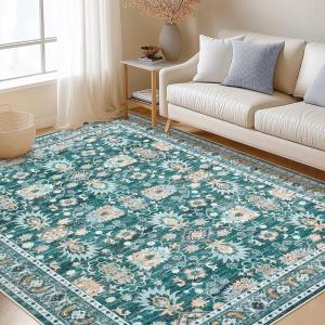 Garvee 9×12 Area Rug for Living Room, Washable Vintage Printed Soft Rugs, Non Slip Low Pile Carpet for Bedroom, Dining Room, Living Room, Pink(Green)