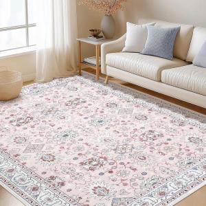 Garvee 9×12 Area Rug for Living Room, Washable Vintage Printed Soft Rugs, Non Slip Low Pile Carpet for Bedroom, Dining Room, Living Room, Pink(Pink)