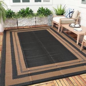 Garvee 9×12 Outdoor Rug for Patio Plastic Straw Rug Waterproof Reversible Mat Lightweight Foldable Carpet Easy Clean Large Rugs for Patio Porch Backyard Camping RV Beach Balcony Deck Panel Black Blue(Panel Brown)