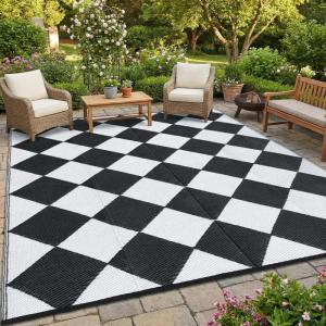 Garvee 9×12 Outdoor Rug for Patio Plastic Straw Rug Waterproof Reversible Mat Lightweight Foldable Carpet Easy Clean Large Rugs for Patio Porch Backyard Camping RV Beach Balcony Deck Panel Black Blue(Checkered White)