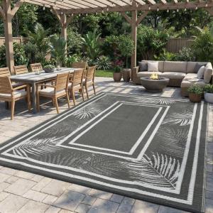 Garvee 9×12 Outdoor Rug for Patio Plastic Straw Rug Waterproof Reversible Mat Lightweight Foldable Carpet Easy Clean Large Rugs for Patio Porch Backyard Camping RV Beach Balcony Deck Panel Black Blue(Leaf Grey)