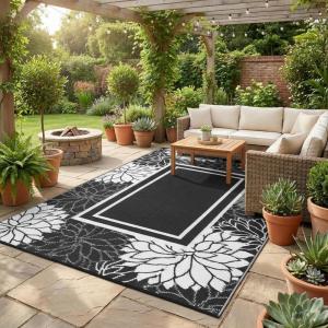 Garvee 9×12 Outdoor Rug for Patio Plastic Straw Rug Waterproof Reversible Mat Lightweight Foldable Carpet Easy Clean Large Rugs for Patio Porch Backyard Camping RV Beach Balcony Deck Panel Black Blue(Floral White)