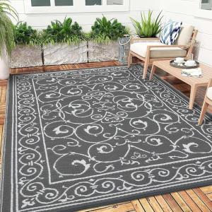 Garvee 9×12 Outdoor Rug for Patio Plastic Straw Rug Waterproof Reversible Mat Lightweight Foldable Carpet Easy Clean Large Rugs for Patio Porch Backyard Camping RV Beach Balcony Deck Panel Black Blue(Vintage Grey)