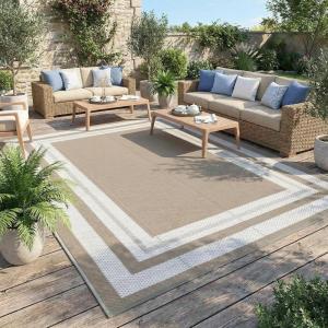 Garvee 9×12 Outdoor Rug for Patio Plastic Straw Rug Waterproof Reversible Mat Lightweight Foldable Carpet Easy Clean Large Rugs for Patio Porch Backyard Camping RV Beach Balcony Deck Panel Black Blue(Panel Grey Brown)