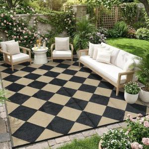 Garvee 9×12 Outdoor Rug for Patio Plastic Straw Rug Waterproof Reversible Mat Lightweight Foldable Carpet Easy Clean Large Rugs for Patio Porch Backyard Camping RV Beach Balcony Deck Panel Black Blue(Checkered Beige)