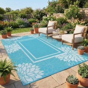 Garvee 9×12 Outdoor Rug for Patio Plastic Straw Rug Waterproof Reversible Mat Lightweight Foldable Carpet Easy Clean Large Rugs for Patio Porch Backyard Camping RV Beach Balcony Deck Panel Black Blue(Floral Blue)
