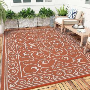 Garvee 9×12 Outdoor Rug for Patio Plastic Straw Rug Waterproof Reversible Mat Lightweight Foldable Carpet Easy Clean Large Rugs for Patio Porch Backyard Camping RV Beach Balcony Deck Panel Black Blue(Vintage Orange)