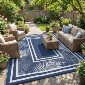 Garvee 9×12 Outdoor Rug for Patio Plastic Straw Rug Waterproof Reversible Mat Lightweight Foldable Carpet Easy Clean Large Rugs for Patio Porch Backyard Camping RV Beach Balcony Deck Panel Black Blue(Leaf Navy)