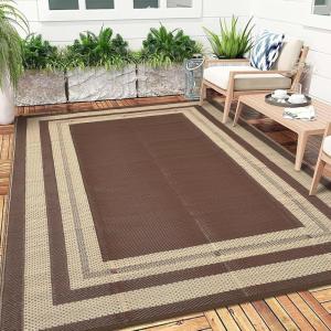 Garvee 9×12 Outdoor Rug for Patio Plastic Straw Rug Waterproof Reversible Mat Lightweight Foldable Carpet Easy Clean Large Rugs for Patio Porch Backyard Camping RV Beach Balcony Deck Panel Black Blue(Panel Coffee)