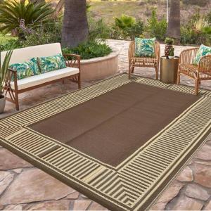 Garvee 9×12 Outdoor Rug for Patio Plastic Straw Rug Waterproof Reversible Mat Lightweight Foldable Carpet Easy Clean Large Rugs for Patio Porch Backyard Camping RV Beach Balcony Deck Panel Black Blue(Border Brown)