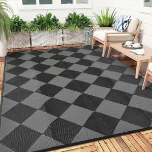 Garvee 9×12 Outdoor Rug for Patio Plastic Straw Rug Waterproof Reversible Mat Lightweight Foldable Carpet Easy Clean Large Rugs for Patio Porch Backyard Camping RV Beach Balcony Deck Panel Black Blue(Checkered Black)