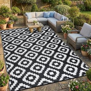 Garvee 9×12 Outdoor Rug for Patio Plastic Straw Rug Waterproof Reversible Mat Lightweight Foldable Carpet Easy Clean Large Rugs for Patio Porch Backyard Camping RV Beach Balcony Deck Panel Black Blue(Square White)