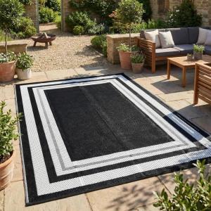 Garvee 9×12 Outdoor Rug for Patio Plastic Straw Rug Waterproof Reversible Mat Lightweight Foldable Carpet Easy Clean Large Rugs for Patio Porch Backyard Camping RV Beach Balcony Deck Panel Black Blue(Panel White)