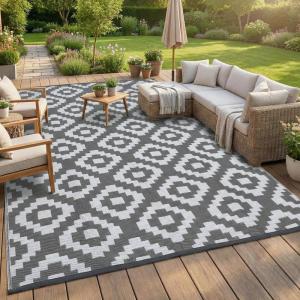 Garvee 9×12 Outdoor Rug for Patio Plastic Straw Rug Waterproof Reversible Mat Lightweight Foldable Carpet Easy Clean Large Rugs for Patio Porch Backyard Camping RV Beach Balcony Deck Panel Black Blue(Square Grey)