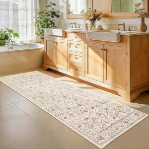 Garvee Area Rug 8×10 Living Room Rugs, Washable Vintage Floral Print Non Slip Bedroom Rug, Low Pile Ultra Thin Stain Resistant Under Table Carpet for Dining Room Office, Dark Grey(Bordered Floral|beige Yellow)