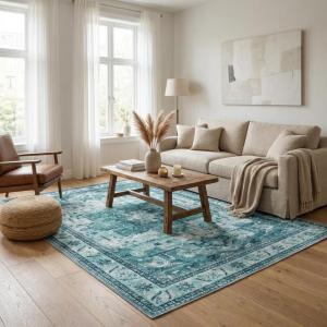Garvee Area Rugs, Soft Vintage Floral Design, Machine Washable, Anti-Slip TPR Backing, Reinforced Edges, Home Decor for Living Room,Bedroom(Blue)