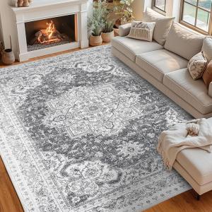 Garvee Boho Area Rug for Living Room, 5×7 Washable Low Pile Rug with Non-Slip Backing, Vintage Floral Rugs for Living Room, Bedroom, Dining Room, Light Blue(Grey)
