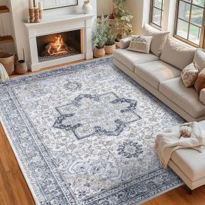 Garvee Boho Area Rug for Living Room, 5×7 Washable Low Pile Rug with Non-Slip Backing, Vintage Floral Rugs for Living Room, Bedroom, Dining Room, Light Blue(Light Blue)