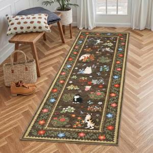 Garvee Cat Area Rug Living Room 5×7 Rugs for Kids Room, Modern Floral Animal Print Throw Rugs Washbale, Non Slip Non Shedding Farmhouse Carpet Stain Resistant Soft Mats for Bedroom, Dining Room, Black(Cat|brown)