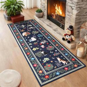 Garvee Cat Area Rug Living Room 5×7 Rugs for Kids Room, Modern Floral Animal Print Throw Rugs Washbale, Non Slip Non Shedding Farmhouse Carpet Stain Resistant Soft Mats for Bedroom, Dining Room, Black(Cat|blue)