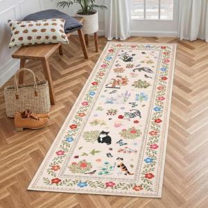 Garvee Cat Area Rug Living Room 5×7 Rugs for Kids Room, Modern Floral Animal Print Throw Rugs Washbale, Non Slip Non Shedding Farmhouse Carpet Stain Resistant Soft Mats for Bedroom, Dining Room, Black(Cat|beige)
