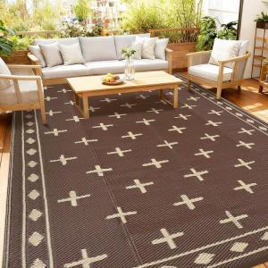Garvee Geometric Outdoor Rug 9×12, Reversible Waterproof Plastic Straw Area Mat for Patio, RV Awning, Garden, Deck, Balcony, Camping and Beach,Black White(Brown Coffee)
