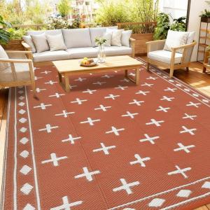 Garvee Geometric Outdoor Rug 9×12, Reversible Waterproof Plastic Straw Area Mat for Patio, RV Awning, Garden, Deck, Balcony, Camping and Beach,Black White(Terracotta Orange)