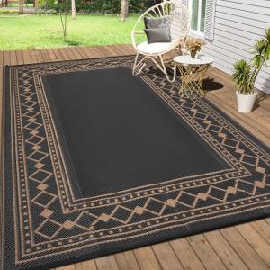 Garvee Outdoor Rug 9×12 Waterproof Reversible Patio Rug Modern Geometric Outdoor Carpet, Fade-Proof & Weather Resistant Minimalist RV Picnic Camping Mat for Garden Backyard Balcony,Gray & Black(Dark Brown)