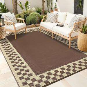 Garvee Outdoor Rug 9×12 Waterproof Reversible Patio Rug Modern Geometric Outdoor Carpet, Fade-Proof & Weather Resistant Minimalist RV Picnic Camping Mat for Garden Backyard Balcony,Gray & Black(Brown & Beige)