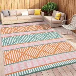 Garvee Outdoor Rug, Outdoor Plastic Straw Rug, Outdoor Rugs 9×12 for Patios Clearance Waterproof Patio Rug, Camping Rugs for Outside Rv, Grey Recyclable Woven Rugs for Yard, Deck,Orange/Pink/Green(Orange/Green/Pink/White)