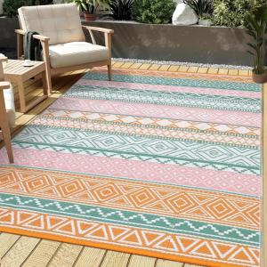 Garvee Outdoor Rug, Outdoor Plastic Straw Rug, Outdoor Rugs 9×12 for Patios Clearance Waterproof Patio Rug, Camping Rugs for Outside Rv, Grey Recyclable Woven Rugs for Yard, Deck,Orange/Pink/Green(Orange/Pink/Green)