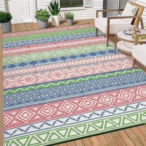 Garvee Outdoor Rug, Outdoor Plastic Straw Rug, Outdoor Rugs 9×12 for Patios Clearance Waterproof Patio Rug, Camping Rugs for Outside Rv, Grey Recyclable Woven Rugs for Yard, Deck,Orange/Pink/Green(Red/Green/Blue)