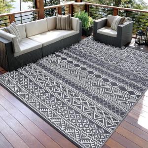 Garvee Outdoor Rug, Outdoor Plastic Straw Rug, Outdoor Rugs 9×12 for Patios Clearance Waterproof Patio Rug, Camping Rugs for Outside Rv, Grey Recyclable Woven Rugs for Yard, Deck,Orange/Pink/Green(Gray + White)