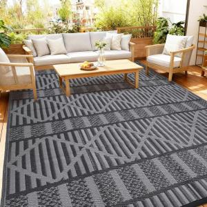 Garvee Outdoor Rug, Outdoor Plastic Straw Rug, Outdoor Rugs 9×12 for Patios Clearance Waterproof Patio Rug, Camping Rugs for Outside Rv, Grey Recyclable Woven Rugs for Yard, Deck,Orange/Pink/Green(Black Grey)