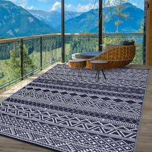 Garvee Outdoor Rug Waterproof 6×9 ft Outdoor Carpet Patio Rug Mat Reversible RV Camping Rug Plastic Straw Rug Outside Outdoor Area Rug for Patio Deck Balcony Backyard Picnic Beach, Dark Blue & White