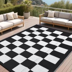 Garvee Outdoor Rug Waterproof 9×12 Reversible Mat Outside Plastic Straw Rug for Patio Modern Checkered Indoor Outdoor Carpet RV Mat for Deck Backyard Porch RV Camping Beach, Black/Grey(Black/White)