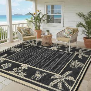 Garvee Outdoor Rugs 8’x10’ Waterproof Reversible Mats, Large Area Plastic Straw Rug, Outside Carpet, Geometric Rv Mat for Patio Camping Picnic Backyard Deck Balcony Porch Beach Trailer(Black & Brown)